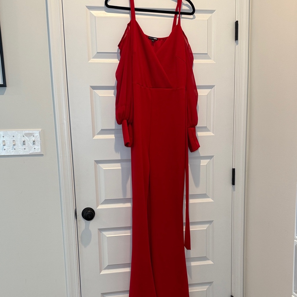 Red Cold-Shoulder Jumpsuit